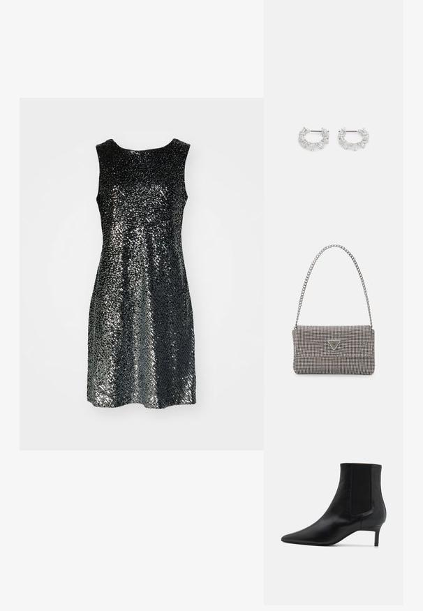 Abito nero senza maniche coperto di piccole paillettes, che creano un effetto luccicante. Semplice scollatura tonda e silhouette a trapezio.; Stivale alla caviglia in pelle nera con punta affusolata, pannelli laterali elasticizzati e tacco sottile, caratterizzato da una texture liscia e un design minimalista.; Borsa a mano metallica grigia chiara con tracolla a catena, impreziosita da piccoli chiodi metallici circolari e da un logo triangolare del marchio.; Orecchini a cerchio in argento con cristalli trasparenti rettangolari e triangolari disposti in un motivo circolare e un perno centrale per la chiusura.