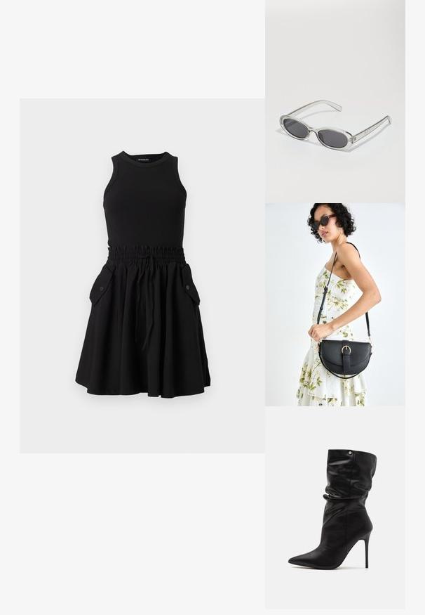 Musta hihaton mekko, jossa on ribattu yläosa ja laineileva helma. Mekossa on joustava vyötärö ja kaksi sivutaskua, joissa on napit.; Even&Odd Wide Fit Korolliset nilkkurit - black; Aurinkolasit, joilla on soikea muoto, kirkas muovikehys, tummanharmaat linssit ja ohuet läpinäkyvät varret, joissa on logovihjeitä ja minimaalista yksityiskohtia.; Musta nahkainen käsilaukku, joka on kaareva muotoilultaan, irrotettavalla hihnalla ja kultaisilla yksityiskohdilla. Laukussa on läppä, jossa on solk yksityiskohta.