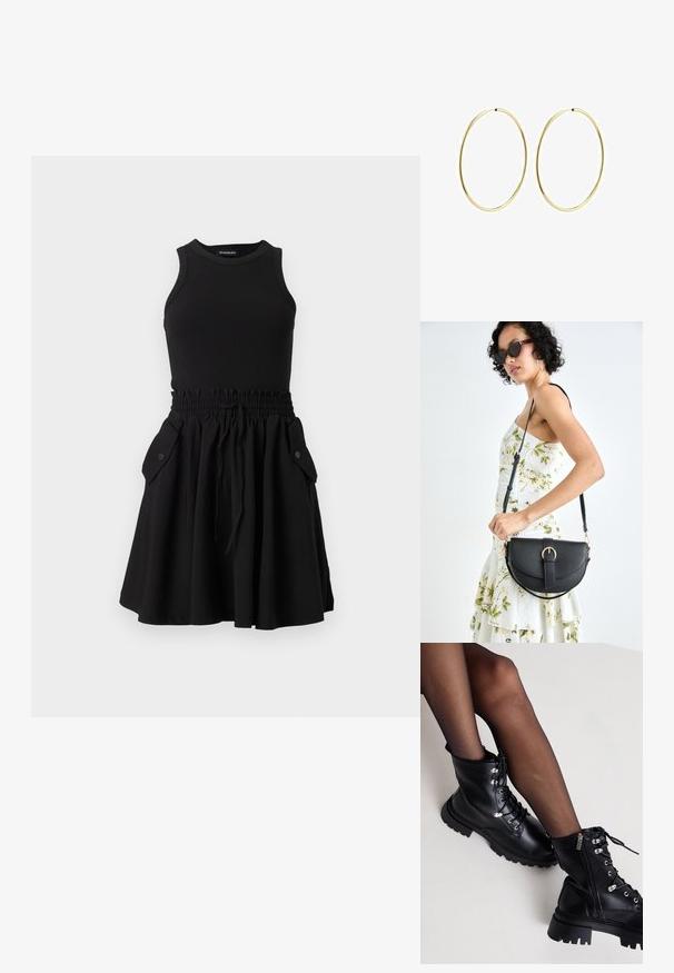 Svart ärmlös klänning med en ribbad överdel och en utsvängd kjol. Har en elastisk midja och två sidofickor med knappar.; Even&Odd Wide Fit Snörstövletter - black; Svart läderhandväska med en böjd form, avtagbar rem och guldiga detaljer. Väskan har ett lock med en spänndetalj.; Guldörhängen med en slät, rund design. Tunna och lätta, med en kontinuerlig båge utan några utsmyckningar.