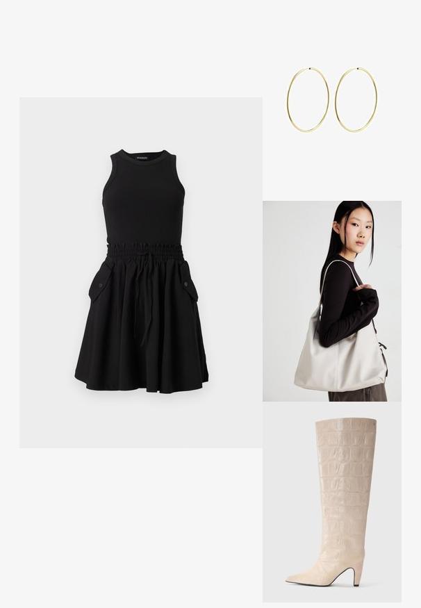 Juodas be rankovių suknelė su raukiniu viršuje ir plazdančia sijonu. Su elastine juosmens juosta ir dviem šoninėmis kišenėmis su mygtukais.; Kreminė dirbtinė krokodilo odos ilgaaulė suknelė su smailiu nosiu ir siauru kulnu. Lygi tekstūra su aiškiu raštu per visą koją.; Bežinė rankinė, pagaminta iš minkštos medžiagos, turinti laisvą dizainą, siuvinėtas detalės ir dvi petnešos. Tinkama kasdieniam naudojimui.; Aukso žiediniai auskarai su lygiu, suapvalintu dizainu. Ploni ir lengvi, su nuolatiniu kilpeliu be jokio papuošimo.