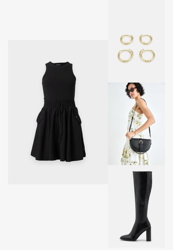 Zwart mouwloos jurkje met een geribbeld bovenstuk en een uitlopende rok. Heeft een elastische tailleband en twee zijzakken met knopen.; Zwart leren laarzen tot de knie met een spitse neus en een chunky hak. Vlotte textuur met minimale accenten en een aansluitend schachtontwerp.; Zwarte leren handtas met een gebogen vorm, afneembare schouderband en gouden hardware. De tas heeft een klep met een gespsluiting.; Gouden ringoorbellen, vier stuks, met een gladde afwerking, afgerond ontwerp, variërende maten, voorzien van een scharniersluiting voor gemakkelijk dragen.