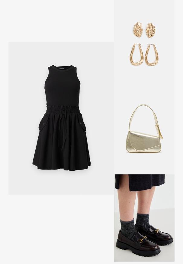 Black sleeveless dress with a ribbed top and a flared skirt. Features an elastic waistband and two side pockets with buttons.; Call it Spring CLUELESSS - Slip-ons - dark brown; Gold metallic handbag with a structured design, smooth texture, and adjustable strap. Features a unique triangular shape and minimalist stitching.; Gold-tone earrings featuring textured, wavy shapes. Includes sculptural clip-on studs and open hoop design with a hammered finish.