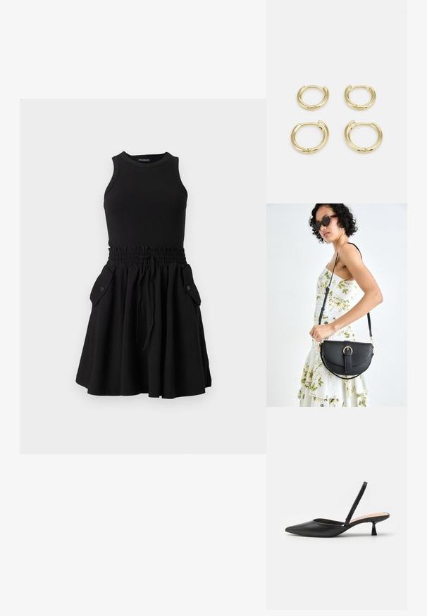 Juodas be rankovių suknelė su raukiniu viršuje ir plazdančia sijonu. Su elastine juosmens juosta ir dviem šoninėmis kišenėmis su mygtukais.; Juodas slingback modelio aukštakulnis batų su smailiu pirštu, glotniu matinio paviršiaus apdaila, žema kampine pakulne ir minimalistiniu dizainu. Yra plona kulkšnies juosta.; Juodas odinis krepšys su išlenkta forma, nuimamu dirželiu ir auksiniais detalėmis. Krepšys turi kilpą su sagtimi.; Auksiniai kabančių auskarai, keturios dalys, lygi apdaila, suapvalinta forma, įvairių dydžių, su pasukamu užsegimu, kad būtų lengva dėvėti.