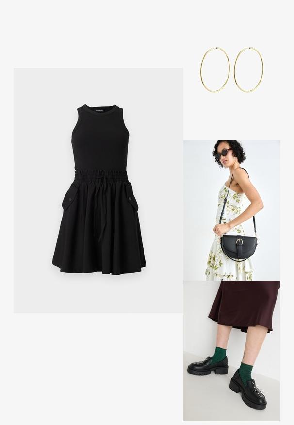 Musta hihaton mekko, jossa on ribattu yläosa ja laineileva helma. Mekossa on joustava vyötärö ja kaksi sivutaskua, joissa on napit.; Musta nahkakengät, joissa on paksut pohjat, hopeiset yksityiskohdat ja vihreät kimaltavat sukat. Hame on tumman viininpunainen ja lattiaa hipova.; Musta nahkainen käsilaukku, joka on kaareva muotoilultaan, irrotettavalla hihnalla ja kultaisilla yksityiskohdilla. Laukussa on läppä, jossa on solk yksityiskohta.; Kultaiset rengaskorvakorut, joissa on sileä ja pyöristetty muotoilu. Ohuet ja kevyet, sisältäen jatkuvan lenkin ilman mitään koristeita.