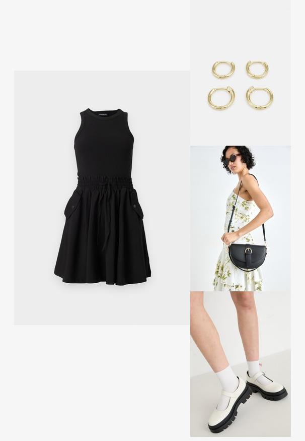 Schwarzes ärmelloses Kleid mit einem gerippten Oberteil und einem schwingenden Rock. Es verfügt über einen elastischen Taillenbund und zwei seitliche Taschen mit Knöpfen.; Weiße Lackleder-Mary-Jane-Schuhe mit einer dicken schwarzen Sohle, versehen mit einem Riemen über dem Spann und getragen mit weißen Socken.; Schwarze Lederhandtasche mit geschwungener Form, abnehmbarem Tragegurt und goldenen Beschlägen. Die Tasche verfügt über einen Deckel mit einer Schnallen-Details.; Goldene Creolen, vier Stück, mit glatter Oberfläche, runder Form, in verschiedenen Größen, mit einem klappbaren Verschluss für einfaches Anlegen.