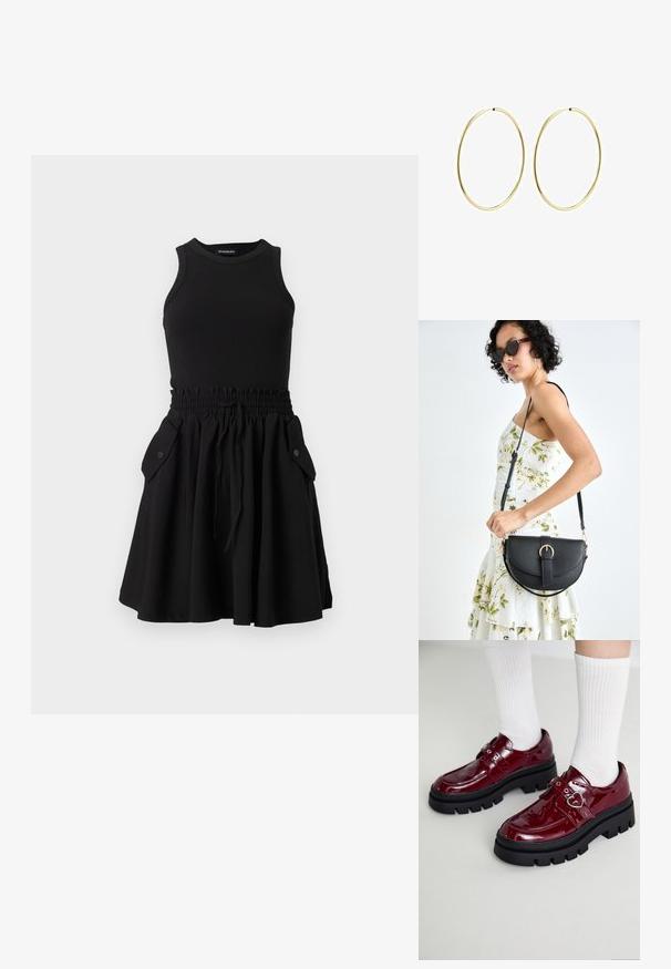 Mustamata ilma varrukat kleit, millel on ribaga pealne osa ja flared seelik. Omab elastset vööd ja kaht küljetaskut nuppudega.; Burgundi patendi nahkkingad paksu musta tallaga, topelt rihmaga südame detailiga ja ribatatud valged sokid. Retro disain paksu haardega.; Mustmust mustraha kõverate joontega, eemaldatava rihmaga ja kuldsete detailidega. Kotil on klapp, millel on pandladetail.; Kuldsest rõngastest kõrvarõngad sileda, ümarate joontega. Õhukesed ja kerged, koosnevad pidevast ringsest kujundist ilma kaunistusteta.