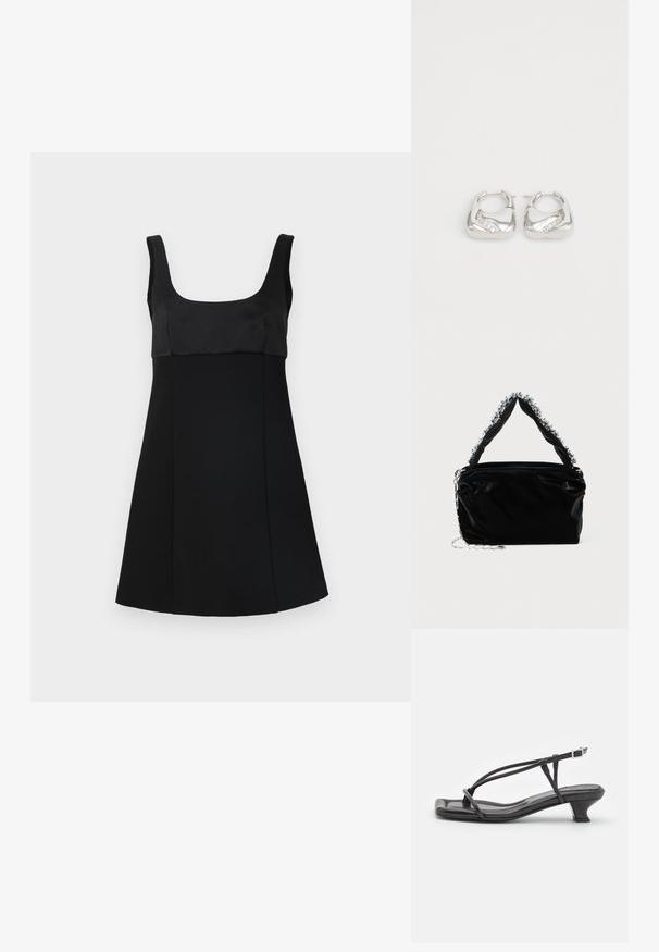 Juoda suknelė su kvadrato formos iškirpte, turinti prigludusią korsetinę dalį ir A formos siluetą. Pagaminta iš lygaus audinio, su elegantišku, minimalistiniu dizainu.; Juodas odinis šlepetės su plonomis dirželiu, mažu blokuoju kulnu ir kvadratiniu pirštu. Yra sagties uždarymas ir lygus paviršius.; Juodas dirbtinės odos rankinė su tekstūruotu paviršiumi, su sidabriniu karoliukų akcentu viršutinėje rankenoje ir grandinine juosta.; Sidabrinės auskarų žiedai su lygiu, apvaliu dizainu ir banguota akcentu, turinčiu mažus, skaidrius kristalus palei vieną kraštą.