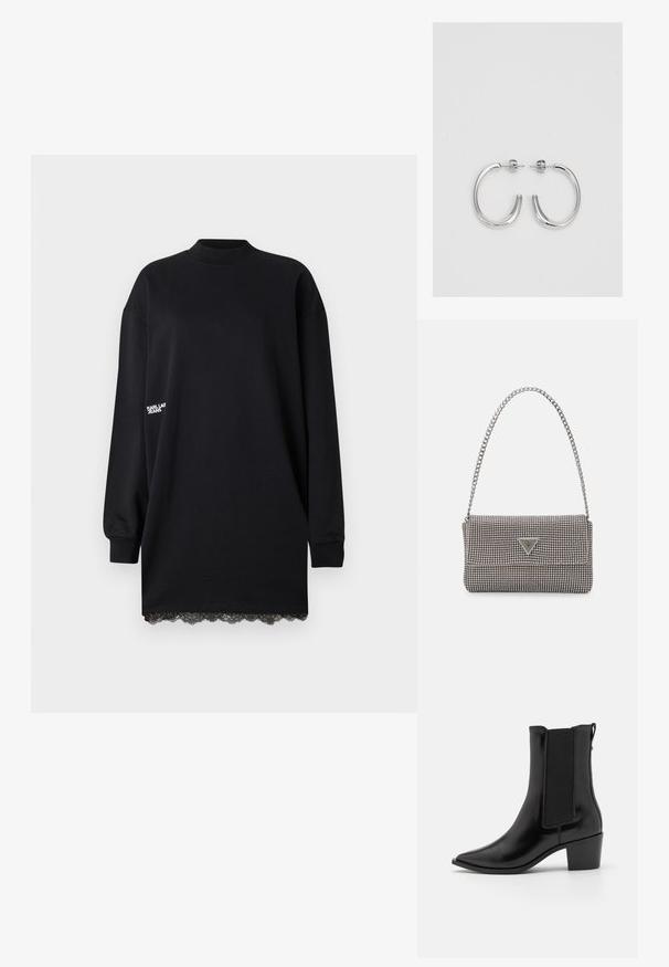 Robe noire à manches longues en coton. Présente un col montant et une bordure en dentelle à l'ourlet. Design minimaliste avec un logo discret sur la manche.; Calvin Klein HEEL - Bottines de cowboy / motard - black; Sac à main en métal gris clair avec une bandoulière en chaîne, orné de petits clous métalliques ronds et d'un logo de marque triangulaire.; Boucles d'oreilles créoles en argent avec une surface lisse et brillante, présentant une forme incurvée et une fermeture à tige. Design minimaliste avec une finition moderne.