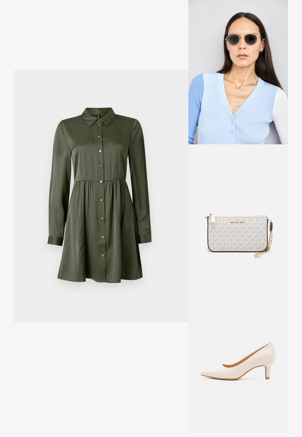 Robe boutonnée à manches longues de couleur vert olive, avec une taille cintrée et un col, jupe légèrement évasée et manches à revers.; Chaussure à talon haute en cuir blanc avec un bout pointu et un talon fin, légèrement incliné. Texture lisse avec un design minimaliste et une semelle beige.; Lunettes de soleil rondes avec verres sombres et monture en or. Le modèle porte un cardigan à côtes bleu clair avec des boutons et des manches blanches contrastantes.; Porte-monnaie Michael Kors en toile enduite beige avec un motif répété de logo MK, des accessoires en or et une bandoulière en chaîne amovible.; Boucles d'oreilles en métal doré avec un design ondulé ; surface lisse et réfléchissante ; forme asymétrique ; sans motifs ni éléments visibles.