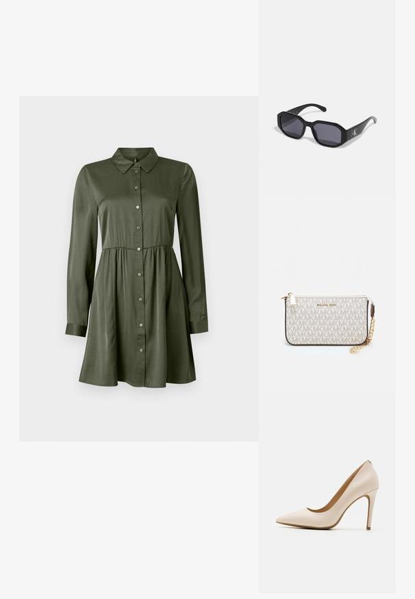 Langærmet olivengrøn skjortekjole med tætsiddende talje og krave, let udstyret nederdel og opkrøllede ærmer.; Beige højhælede pumpe, spids tå, glat læderfinish, slank stiletthæl, minimalistisk design med en subtil detalje bagpå.; Sorte solbriller med en ottekantet ramme, mørke linser, blank plastmateriale og en sølvfarvet logoaccent på den ene side.; Michael Kors håndleddstropp i beige belagt lær med et gentaget MK-logo mønster, guld hardware og en aftagelig kædestrop.; Guldmetalløreringe med et bølget design; glat, reflekterende overflade; asymmetrisk form; ingen synlige mønstre eller hardware.