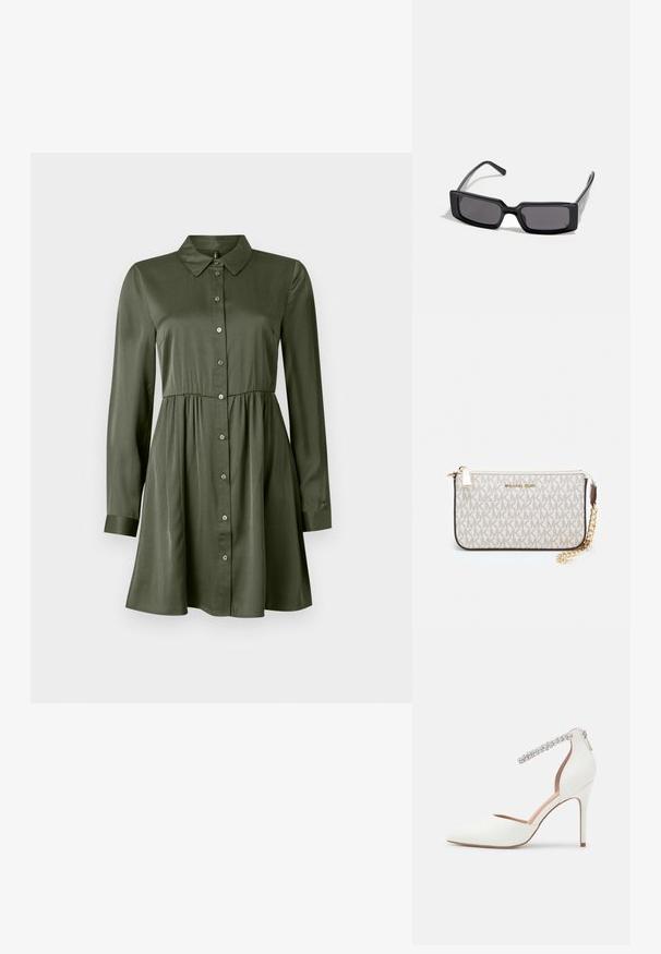 Dlhý rukáv olivovo zelené button-down šaty s priliehavým pásom a golierom, mierne rozšírenou sukňou a manžetami.; Biele vysoké podpätky so špičatou špičkou, koženým materiálom, nastaviteľným remienkom okolo členka ozdobeným kryštálmi a štíhlym podpätkom.; Čierne slnečné okuliare s obdĺžnikovým rámom, tmavými sklami a hladkým lesklým povrchom. Obsahujú tenké stranice s nenápadným značkovaním po boku.; Michael Kors zápästná taška v béžovej potiahnutej plátenej tkanine s opakujúcim sa vzorom loga MK, zlatým kovania a odnímateľným reťazovým popruhom.; Zlaté kovové náušnice s vlnitým dizajnom; hladký, reflexný povrch; asymetrický tvar; žiadne viditeľné vzory alebo hardvér.