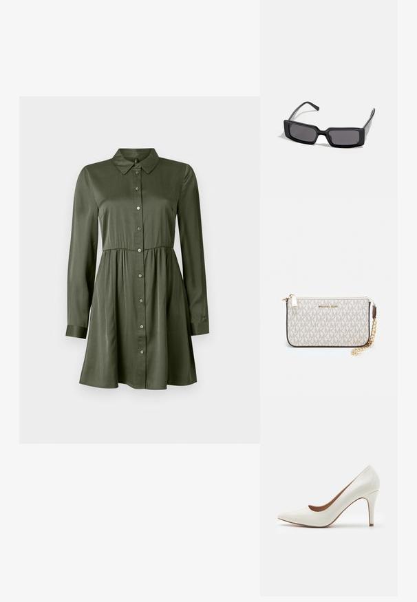 Dolga olivno zelena obleka s podolgimi rokavi in gumbi, s prilegajočim se pasom in ovratnikom, rahlo razširjenim krilom in manšetami.; Bela lakirana usnjena čevlja z visoko peto in ostrim nosom ter gladko površino, ki ima vitko peto in nizek izrez okoli odprtine.; Črne sončne očala s pravokotnim okvirjem, temnimi lečami in gladko sijajno površino. Imajo tanke temple z diskretnim oznako na strani.; Michael Kors denarnica v bež lakiranem platnu z mišičnim vzorcem ponavljajočega se logotipa MK, z zlatim okovjem in snemljivo verižico.; Zlati kovinski uhani z valovito zasnovo; gladka, odsevna površina; asimetrična oblika; brez vidnih vzorcev ali kovinskih delov.
