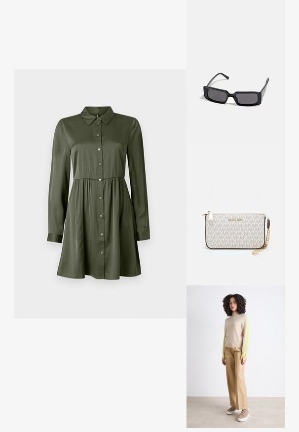 Haljina dugih rukava u maslinasto zelenoj boji s dugim gumbima, uskim strukom i kragnom, blago raširenim suknjama i rukavima s manžetama.; Bež džemper s neonsko zelenim rukavima, uparen s bež hlačama širokog kroja i svijetlosmeškim tenisicama na neutralnoj pozadini.; Crne Sunčane naočale s pravokutnim okvirom, tamnim lećama i glatkom sjajnom završnom obradom. Imaju tanke strane s diskretnim logom sa strane.; Michael Kors novčanik na zapešću u bež premazanoj tkanini s ponavljajućim uzorkom MK loga, zlatnim hardverom i odvojivim lancem za nošenje.; Zlatne metalne naušnice s valovitom dizajnom; glatka, reflektirajuća površina; asimetričan oblik; bez vidljivih uzoraka ili hardvera.