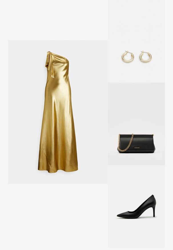 Abito in raso oro a una spalla con dettaglio a nodo sulla spalla, caratterizzato da una texture liscia e lucida e da un design lungo fino a terra.; Pantofole nere con tacco a stiletto realizzate in pelle liscia, con punta affusolata e tacco sottile. Design minimalista senza decorazioni visibili.; Clutch bag in pelle nera con tracolla in catena dorata, caratterizzato da una superficie liscia, forma rettangolare e branding in rilievo sul davanti.; Lauren Ralph Lauren BASIC SMALL HOOP - Orecchini - gold-coloured
