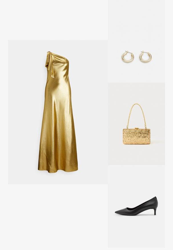Ein goldfarbenes Satin-Kleid mit einem schulterfreien Design und einer Schleifendetail an der Schulter, das eine glatte, elegante Textur und eine bodenlange Länge aufweist.; Schwarze Leder-Pumps mit spitzer Zehenpartie und niedrigem Absatz. Glatte Textur, elegantes Design und subtile Details am Absatz.; Goldene Pailletten-Clutch mit rechteckiger Form, ausgestattet mit einem gedrehten Kettenhenkel und einem Metallverschluss, der das Licht mit einer strukturierten Oberfläche reflektiert.; Lauren Ralph Lauren BASIC SMALL HOOP - Ohrringe - gold-coloured