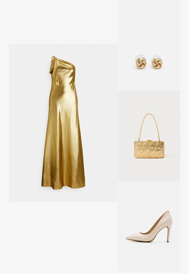 One-shoulder gold satin dress with a tie detail at the shoulder, featuring a smooth, sleek texture and floor-length design.; Beige high-heeled pump, pointed toe, smooth leather finish, slim stiletto heel, minimalistic design with a subtle back detail.; Gold sequin clutch with a rectangular shape, featuring a twisted chain handle and a metal clasp closure, reflecting light with a textured finish.; Gold-tone knot stud earrings with a twisted design. Each earring features a circular clear backing for secure wear.