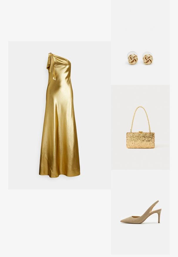 Vestido de satén dorado de un solo hombro con un detalle de lazo en el hombro, caracterizado por una textura suave y elegante y un diseño hasta el suelo.; MICHAEL Michael Kors ALINA FLEX SLING - Zapatos altos - pale gold; Clutch dorado de lentejuelas con forma rectangular, que presenta un asa de cadena trenzada y un cierre de metal, reflejando la luz con un acabado texturizado.; Pendientes de botón en tono dorado con un diseño retorcido. Cada pendiente cuenta con un respaldo circular transparente para una sujeción segura.