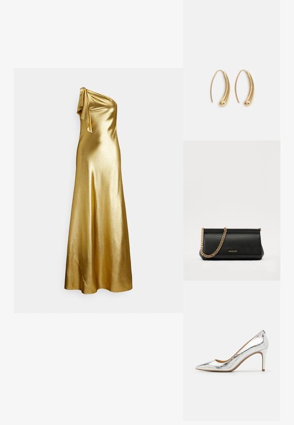 Ühe õlaga kuldne satiinist kleit, millel on õlal sõlme detail, sile ja läikiv tekstuur ning põrandani ulatuv lõige.; Hõbedane metallik terava ninaga kõrge kontsaga king, millel on sile tekstuur, 4-tolline konts ja pehme kortsuline muster pinnal.; Mustast nahast klamberkott kuldse kettrihmaga, millel on sile tekstuur, ristkülikuline kuju ja esiküljel reljeefne brändingu märk.; Kuldtoonilised metallist rõngas kõrvarõngad, millel on kõver ja piklik kuju. Omavad siledat, läikivat pinda ja ümarat tipptugevdust, mis lisab detaili.