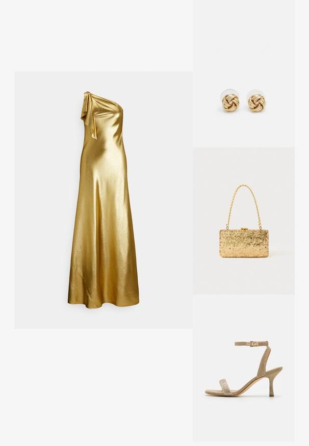 Auksinė satino suknelė su viena petneša, su raišteliu ant peties, pasižyminti sklandžia, lygiu tekstūra ir grindų ilgio dizainu.; Auksiniai aukštakulniai sandalai su tekstūriniu paviršiumi, plona kulkšnies juostele ir siaura priekine juostele, papuošta subtiliu akcentu.; Auksinė blizgučių rankinė, stačiakampio formos, su susuktos grandinėlės rankena ir metaliniu užsegimu, atspindinti šviesą su tekstūruotu paviršiumi.; Aukso spalvos mazgo auskarai su sukimo dizainu. Kiekvienas auskaras turi apvalų skaidrų pagrindą, užtikrinantį saugų dėvėjimą.