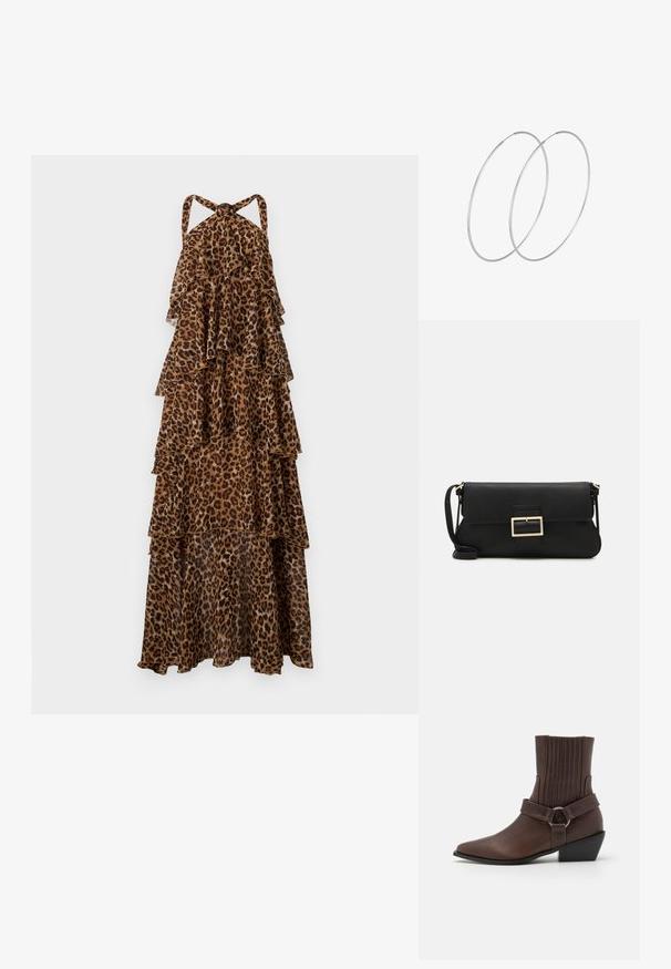 Leopardi mustriga kihiline maksikleidi, millel on kaela rihmad ja kihistuvad voolavad kangad.; RAID DREAM - Kauboi/mootorratturi poolsaapad - brown; Must haben musta nahkklahviga kott, millel on klapp ja kuldne metallist pandla detail. Kaasas must rihm ja stiilne, minimalistlik disain.; Hõbedased rõngastikkaehingad minimalistlikus disainis. Ümar kuju, sile tekstuur ja õhuke profiil. Kerged ning poleeritud viimistlusega.