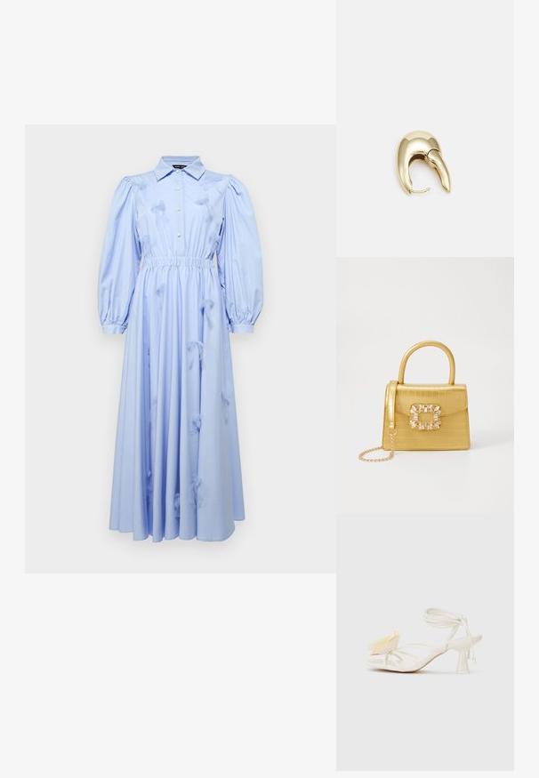 Hele sinine kleit, millel on kaelus, pikad puffvarrukad, elastne vöökoht ja kolmemõõtmelised lipsudetailid seeliku peal.; Valge rihmadega kõrge kontsaga sandaal terava säärega. Omab dekoratiivset kollast õievarre aksessuaari ja õhukest pahkluu rihma disaini.; Kollane faux-krokodilli käsipindaga kott, millel on struktureeritud disain, ülemine käepide, eemaldatav kettmass ja dekoratiivne kristallkaunistus klambril.; Kuldtooni metallist kõrvarõngas, millel on elegantne ja kaarjas disain. Omab silmapaistvat teravat kuju, poleeritud pinda ja hingesulgemist.