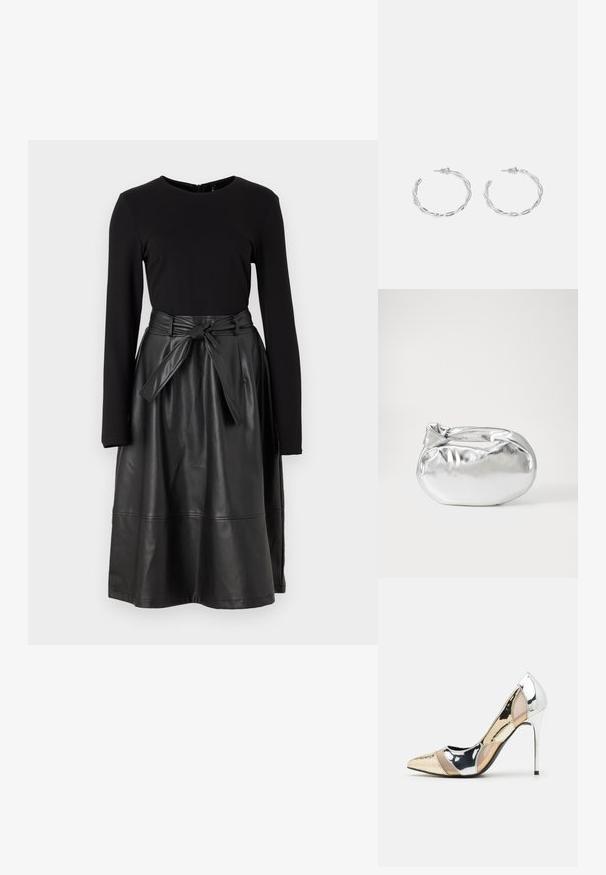 Haut noir à manches longues associé à une jupe en simili cuir noir, avec une taille nouée et une texture lisse et brillante.; Chaussure à talon aiguille à bout pointu avec un schema de couleurs argent, or et nude. Fini brillant avec un design découpé, dotée d'un talon stiletto.; Pochette en métal argenté avec une forme douce et arrondie et un fermoir en haut noué. Fabriquée en simili cuir lisse.; Boucles d'oreilles en argent en forme de créoles avec un design torsadé, dotées d'une finition polie et d'une fermeture à poussoir. Mesurent environ 3 cm de diamètre.