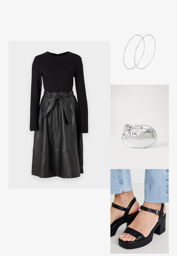 Must have pikka mustade pikade varrukatega top ja must faux nahast seelik, millel on sidumisvöö ja sile, läikiv tekstuur.; ALDO CELIE - Kõrge kontsaga sandaalid - black; Hõbedane metallikoti kott pehme, ümar kuju ja sõlme ülemise sulgemisega. Valmistatud siledast kunstnahast materjalist.; Hõbedased rõngastikkaehingad minimalistlikus disainis. Ümar kuju, sile tekstuur ja õhuke profiil. Kerged ning poleeritud viimistlusega.
