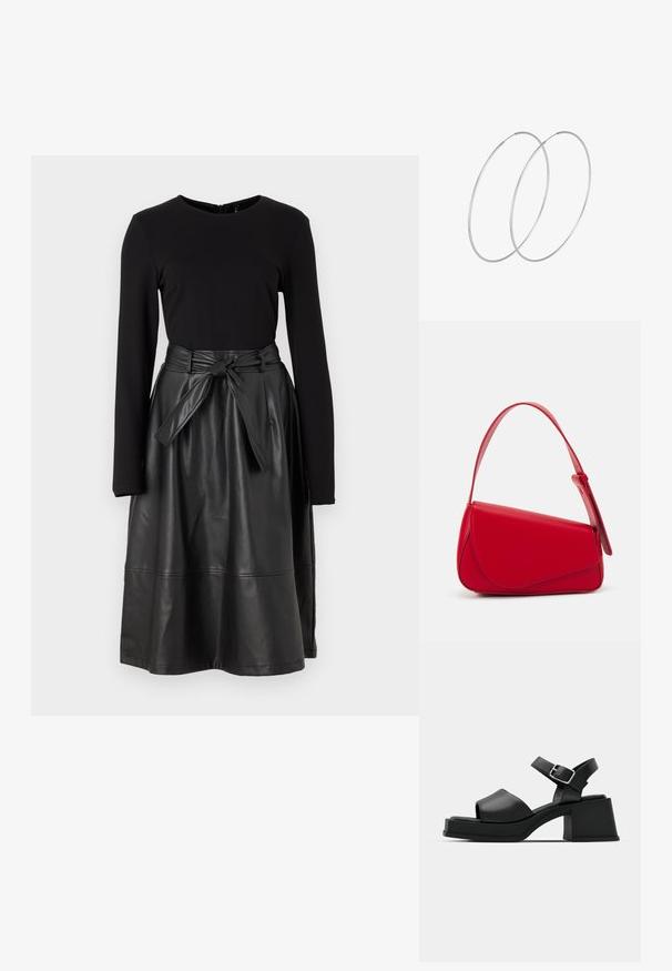 Melns garām piedurknēm tops, kas apvienots ar melnu mākslīgās ādas svārku, kuram ir sasietais jostasvīrs un gluda, spīdīga tekstūra.; Melnas ādas platformas sandalēs ar caurumiem uz pirkstiem, potītes siksniņu un masīlu kvadrātveida papēdi. Gluda tekstūra un minimālisma stils.; Sarkans ādas rokassomi ar stūrainu, ģeometrisku dizainu. Iekļauj vienu regulējamu siksnu un vāku ar izšūtu detaļu.; Sudraba gredzenveida auskari ar minimālistisku dizainu. Cirkulāra forma, gluda tekstūra un plāns profils. Vieglu svaru ar spīdīgu apdari.