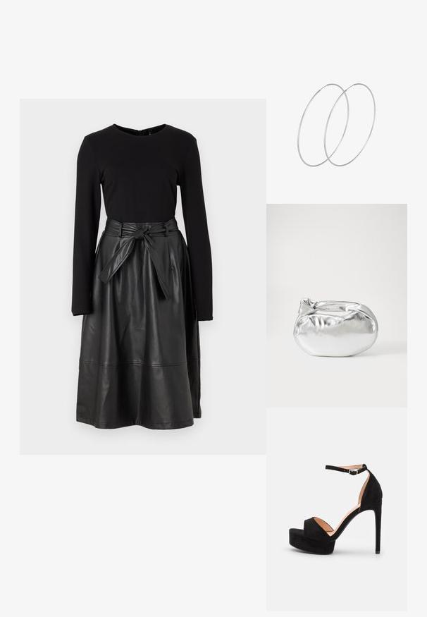 Melns garām piedurknēm tops, kas apvienots ar melnu mākslīgās ādas svārku, kuram ir sasietais jostasvīrs un gluda, spīdīga tekstūra.; Melnas zamša augstpapēžu sandales ar platformas zoli, potītes siksniņu ar sudraba furnitūru, atvērtu purngalu un gludu tekstūru.; Sudraba metāliska poga somiņa ar mīkstu, noapaļotu formu un mezgla augšējo aizdari. Izgatavota no gludas mākslīgās ādas materiāla.; Sudraba gredzenveida auskari ar minimālistisku dizainu. Cirkulāra forma, gluda tekstūra un plāns profils. Vieglu svaru ar spīdīgu apdari.