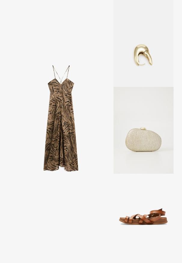 Brun og sort tigerstribet maxi-kjole med tynde spaghetti-stropper og et luftigt design, der har en dyb udskæring og en afslappet pasform.; Brune lædersandaler med krydsede stropper, flade såler og let hævet hæl. Blød tekstur og minimalistisk design.; Metallic guld- og sølvtekstureret clutch med en afrundet form og en glat guldklap. Har et vævet design hele vejen igennem.; Guldtonet metal ørering med et slankt, buet design. Har en karakteristisk spids form, poleret overflade og hængselåbning.