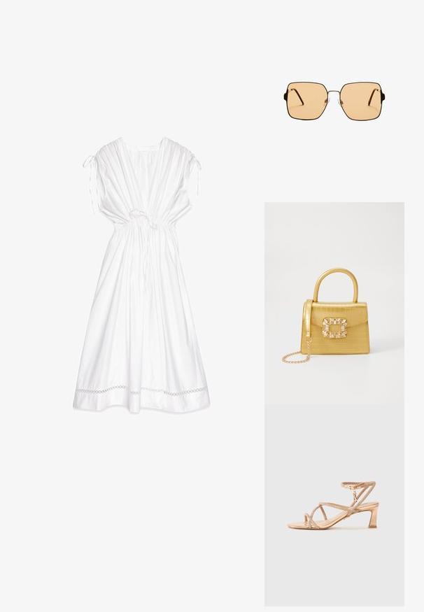 Bela obleka z sproščenim krojem, z vrvico v pasu in nabranimi rameni. Ima čipkast rob ob spodnjem delu in mehko, lahko tkanino.; Sandal z odprto toe in metalik zlati barvi, z navzkrižnimi trakovi, okrašenimi s sijajnimi podrobnostmi, in blok peto. Prilagodljiv trak okoli gležnja.; Kvadratne sončna očala z rjavimi lečami in tankim črnim kovinskim okvirjem. Imajo poševne ušesne dele in nastavljive nosne blazinice za udobje.; Rumeno usnjeno-usnje z vzorcem krokodila, s strukturiranim dizajnom, zgornjo ročajem, snemljivo verižico in dekorativnim kristalnim okrasjem na zaponki.