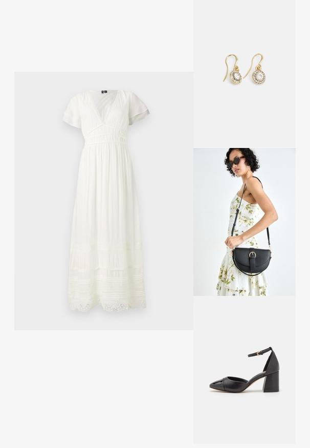 Valkoinen maksimekko, jossa on lyhyet liehuvat hihat, syvä V-pääntie, tiukka vartalo-osa ja kerroksellinen hame, jossa on pitsikoristeita ja teksturoitua kangasta.; Mustat nahkakengät, joissa on nilkkahihna, kärki on terävä ja korko on lohkomainen. Pinta on sileä ja varpaassa on teksturoitu kansi.; Musta nahkainen käsilaukku, joka on kaareva muotoilultaan, irrotettavalla hihnalla ja kultaisilla yksityiskohdilla. Laukussa on läppä, jossa on solk yksityiskohta.; Kultaiset korvakorut, joissa on soikeat, läpinäkyvät kivet, joita ympäröivät pienemmät läpinäkyvät kivet. Korvakoruissa on koukkuminen, joka takaa turvallisen käytön.