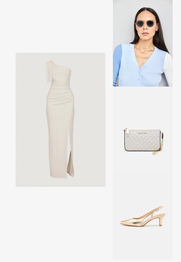 Robe longue à une épaule couleur crème, avec une texture froncée et une fente haute. Fabriquée à partir d'un tissu lisse et extensible pour plus de confort.; Chaussure slingback dorée en métal avec un bout pointu, un léger talon et une sangle réglable. Texture lisse, design épuré et côtés ouverts.; Lunettes de soleil rondes avec verres sombres et monture en or. Le modèle porte un cardigan à côtes bleu clair avec des boutons et des manches blanches contrastantes.; Porte-monnaie Michael Kors en toile enduite beige avec un motif répété de logo MK, des accessoires en or et une bandoulière en chaîne amovible.
