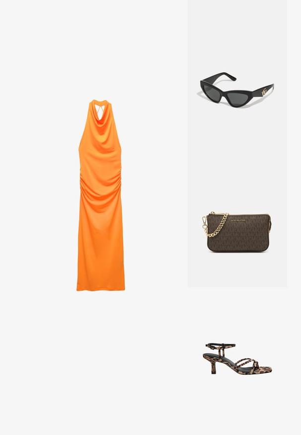 Oranssi halterneck-mekko, jossa on roikkuva bodice, rypytetyt sivut ja avoin selkäosa. Valmistettu sileästä, joustavasta kankaasta.; Naiskahva leopardikuosiset korkokengät, joissa on neliönmuotoinen kärki, useita remmejä ja keskipitkä korko. Valmistettu pehmeästä tekstiilimateriaalista.; Aurinkolasit kissansilmällä, joissa on matta musta muovikehys, tummat linssit ja kultainen logokiinnitys temppeleissä. Kulmikas muotoilu ja sileä pinta.; Ruskea nahkainen olkalaukku, jossa on logokuvio, kultaketjuolkaint, vetoketjukiinnitys ja kultaiset metalliosat. Kompakti ja suorakulmainen muoto.