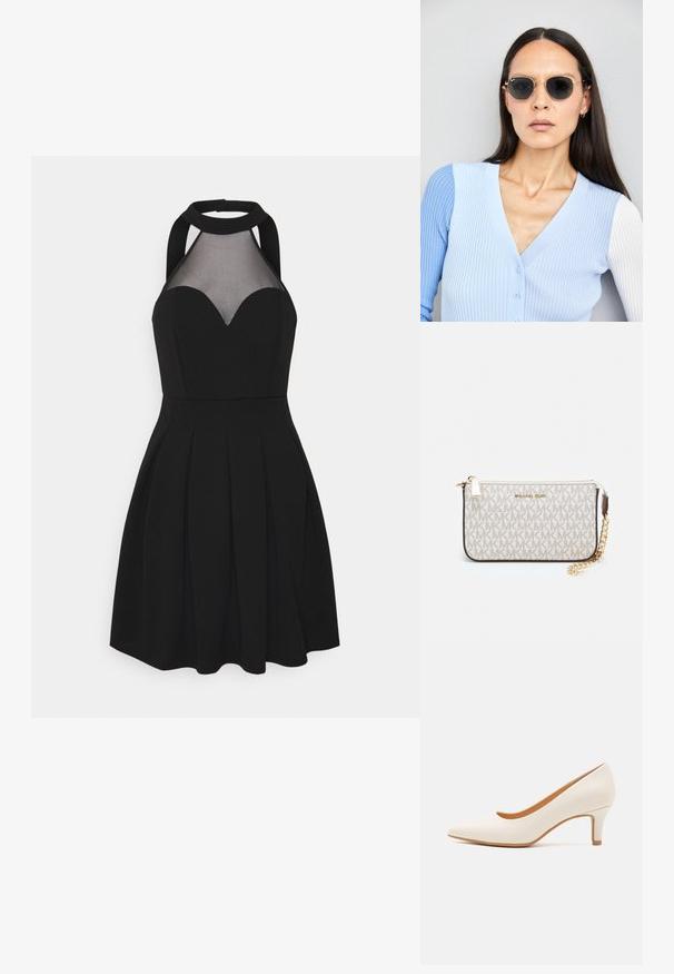 Robe noire avec un col halter et un panneau en maille. Présente un décolleté en cœur, une jupe plissée et un corsage ajusté. Texture de tissu lisse.; Chaussure à talon haute en cuir blanc avec un bout pointu et un talon fin, légèrement incliné. Texture lisse avec un design minimaliste et une semelle beige.; Lunettes de soleil rondes avec verres sombres et monture en or. Le modèle porte un cardigan à côtes bleu clair avec des boutons et des manches blanches contrastantes.; Porte-monnaie Michael Kors en toile enduite beige avec un motif répété de logo MK, des accessoires en or et une bandoulière en chaîne amovible.