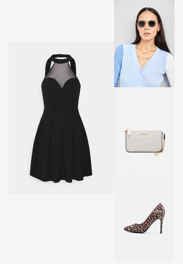 Robe noire avec un col halter et un panneau en maille. Présente un décolleté en cœur, une jupe plissée et un corsage ajusté. Texture de tissu lisse.; Chaussure à talons aiguilles en imprimé léopard avec un bout pointu, en tissu texturé, talon stiletto de 10 cm et doublure intérieure lisse.; Lunettes de soleil rondes avec verres sombres et monture en or. Le modèle porte un cardigan à côtes bleu clair avec des boutons et des manches blanches contrastantes.; Porte-monnaie Michael Kors en toile enduite beige avec un motif répété de logo MK, des accessoires en or et une bandoulière en chaîne amovible.