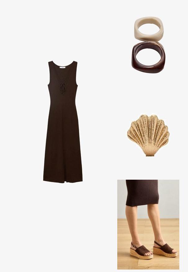 Abito marrone senza maniche con scollo a V, dettaglio con nodo sul davanti e silhouette fluida, realizzato in un tessuto liscio.; Sandali con zeppa in suede marrone, piattaforma in sughero e punta aperta. Presentano una cinghia posteriore con una fibbia dorata. Il pavimento mostrato è in legno.; Oggetto decorativo a forma di conchiglia di colore oro, con una superficie texturizzata e un design a strisce, dotato di una base piatta per garantire stabilità.; Stradivarius SET - Bracciale - dark brown