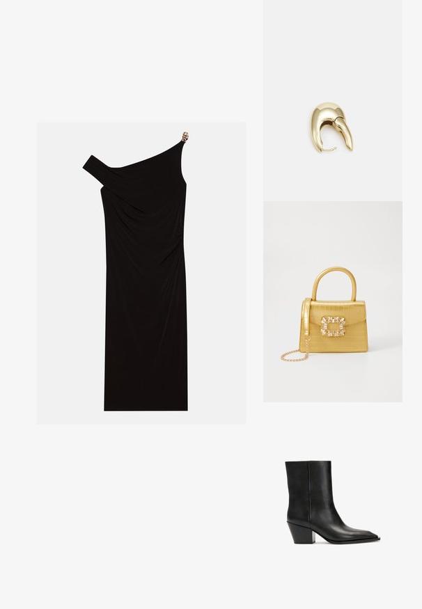 Fekete, egyvállas ruha, drapált anyagból, arany díszítéssel a vállon, sima textúrájú és térd hosszúságú kialakítással.; Fekete bőrből készült bokacsizma sima textúrával, négyzet alakú orral és geometrikus, vastag sarkkal. Letisztult dizájn, látható fémalkatrészek vagy minták nélkül.; Sárga műbőr krokodil mintás kézitáska strukturált kialakítással, felső fogantyúval, leválasztható lánccal és díszes kristály díszítéssel a záron.; Aranyszínű fém fülbevaló, elegáns, ívelt formával. Különleges hegyes alak, fényes felszín és zsanéros záródás jellemzi.