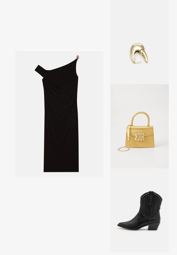 Mustaline ühe õlavarrega kleit, mis on valmistatud voolavast kangast, millel on kuldne aktsent õlal, sile tekstuur ja põlvekõrgune disain.; Mustad mustangid mustast nahast koos teravate varvaste, dekoratiivse tikandi ja metallist narmastega üleval. Kihilised kantid ja tekstureeritud viimistlus.; Kollane faux-krokodilli käsipindaga kott, millel on struktureeritud disain, ülemine käepide, eemaldatav kettmass ja dekoratiivne kristallkaunistus klambril.; Kuldtooni metallist kõrvarõngas, millel on elegantne ja kaarjas disain. Omab silmapaistvat teravat kuju, poleeritud pinda ja hingesulgemist.