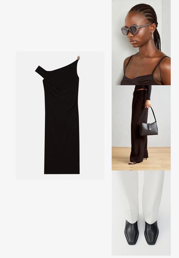 Vestido preto de um ombro, feito de tecido drapeado, com um detalhe dourado no ombro, textura suave e design até ao joelho.; Botas de cano curto em couro preto com biqueira pontiaguda e um salto baixo, combinadas com calças brancas de perna larga. Textura suave, design elegante.; Óculos de sol cinzentos de tamanho oversized com uma forma arredondada e lentes escuras. Armação de plástico elegante com um acabamento suave. O modelo tem cabelo trançado.; Bolsa preta com forma estruturada, textura suave e um fecho metálico. Combinada com calças largas pretas e sandálias de salto aberto sobre um chão de madeira.
