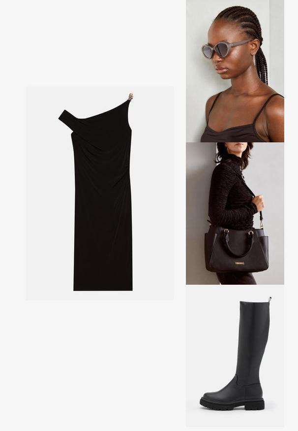 Czarna sukienka na jedno ramię wykonana z drapowanej tkaniny, z złotym akcentem na ramieniu, gładką fakturą i długością do kolan.; Czarne kozaki do kolan wykonane z gładkiego, matowego materiału, z masywną podeszwą, zaokrąglonym noskiem i pętelką na górze ułatwiającą zakładanie.; Szare, przerośnięte okulary przeciwsłoneczne o zaokrąglonym kształcie i ciemnych soczewkach. Smukła plastikowa oprawka o gładkim wykończeniu. Model ma warkocze.; Czarna torebka z teksturowanej powierzchni, podwójnymi uchwytami na górze i regulowanym paskiem na ramię. Posiada złote okucia i boczne kieszenie.