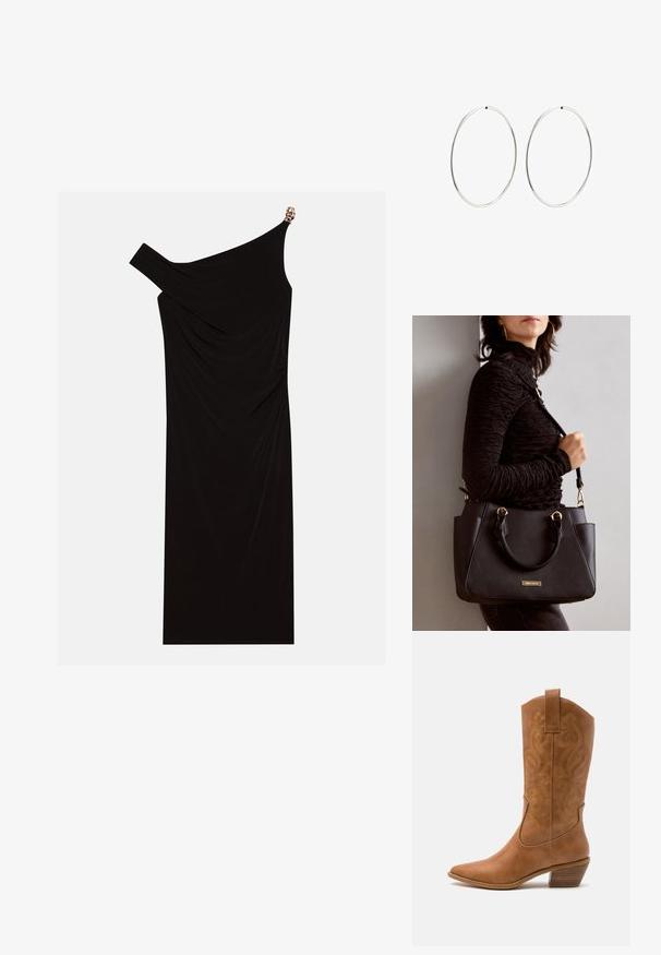 Vestido negro de un solo hombro hecho de tela drapeada, con un acento dorado en el hombro, textura suave y diseño hasta la rodilla.; Bota de vaquero de cuero marrón claro con punta afilada, patrones de espiral bordados en el tubo y un tacón bloque apilado. Cuenta con una pestaña de agarre para facilitar su uso.; Bolso negro con superficie texturizada, doble asa superior y correa para hombro ajustable. Presenta herrajes en tono dorado y bolsillos laterales.; Pendientes de aro plateados con un diseño redondo y liso, y un acabado pulido. Son delgados y ligeros, y cuentan con un sencillo cierre de gancho.