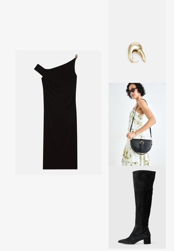 Sort en-skulder kjole lavet af draperet stof med en gylden detalje på skulderen, glat tekstur og knælangt design.; Sorte over-knæ støvler lavet af ruskind, med spids tå og blokhæl. Glat tekstur med lodrette sømdetaljer.; Sort læderhåndtaske med en buet form, aftagelig rem og guldfinish. Tasken har en klap med en spænde detalje.; Guldtonet metal ørering med et slankt, buet design. Har en karakteristisk spids form, poleret overflade og hængselåbning.