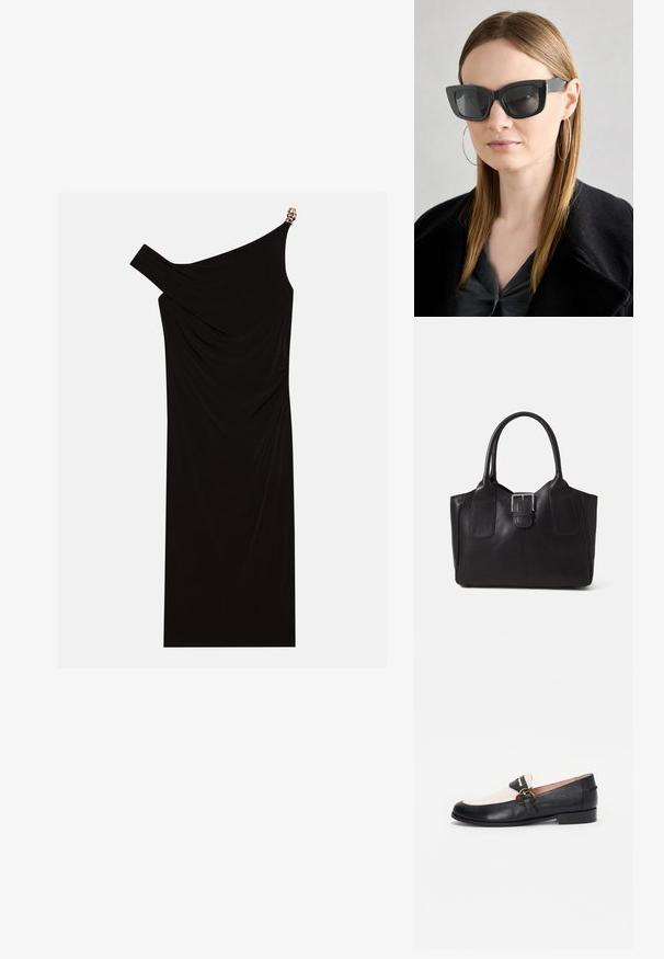Black one-shoulder dress made of draped fabric featuring a gold accent on the shoulder, smooth texture, and knee-length design.; Black and beige leather loafers with a round toe, featuring a gold-tone buckle on a side strap and a low, flat heel.; Black cat-eye sunglasses with dark lenses, thick frames, and subtle accents. Worn with a black coat and gray top, featuring long straight hair.; Black leather tote bag with smooth texture, structured shape, two handles, and a prominent silver buckle detail on the front.