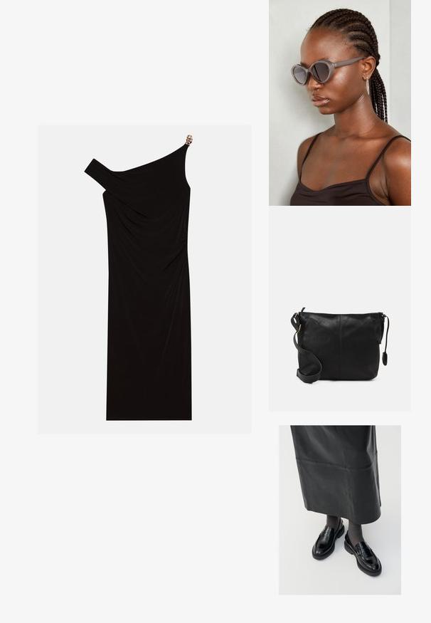 Svart en-skulder kjole laget av drapert stoff med en gyllen detalj på skulderen, glatt tekstur og kne-lengde design.; Sorte lær loafers med en glat overflade, der har et dekorativt spænde, rund tå og tekstureret sål. Båret med en lang sort lædernederdel.; Grå, overdimensjonerte solbriller med rund form og mørke linser. Slank plastikkramme med glatt overflate. Modellen har flette.; Svart skinn crossover-veske med flat form, gullfarge detaljer og justerbar stropp. Glatt tekstur med minimale sømmer.