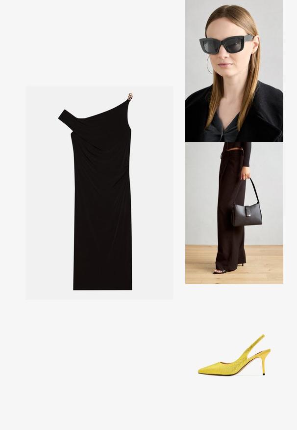 Vestido negro de un solo hombro hecho de tela drapeada, con un acento dorado en el hombro, textura suave y diseño hasta la rodilla.; Zapatos de tacón alto amarillos tipo slingback con punta afilada, cubiertos de finos rhinestones. Cuentan con un tacón delgado y un forro interior suave.; Gafas de sol de gato negro con lentes oscuros, montura gruesa y acentos sutiles. Llevadas con un abrigo negro y una blusa gris, presentando cabello largo y liso.; Bolso negro con forma estructurada, textura suave y un cierre metálico. Combinado con pantalones anchos negros y sandalias de dedo en un suelo de madera.
