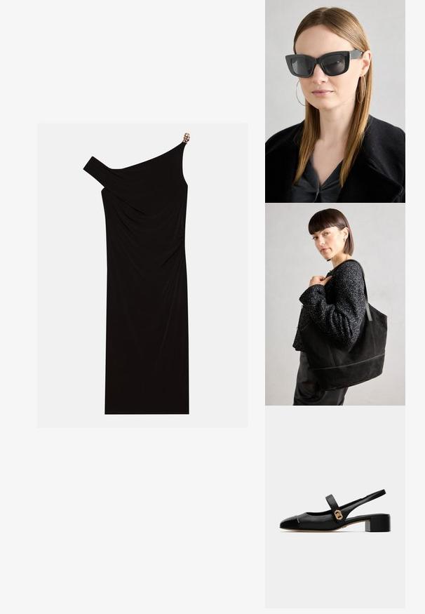 Black one-shoulder dress made of draped fabric featuring a gold accent on the shoulder, smooth texture, and knee-length design.; Black leather slingback shoe with a rounded toe, featuring a glossy cap and a gold accent on the strap, secured with a small block heel.; Black cat-eye sunglasses with dark lenses, thick frames, and subtle accents. Worn with a black coat and gray top, featuring long straight hair.; Black suede tote bag with a smooth texture, structured shape, and contrasting stitching. Features long straps for shoulder carry.