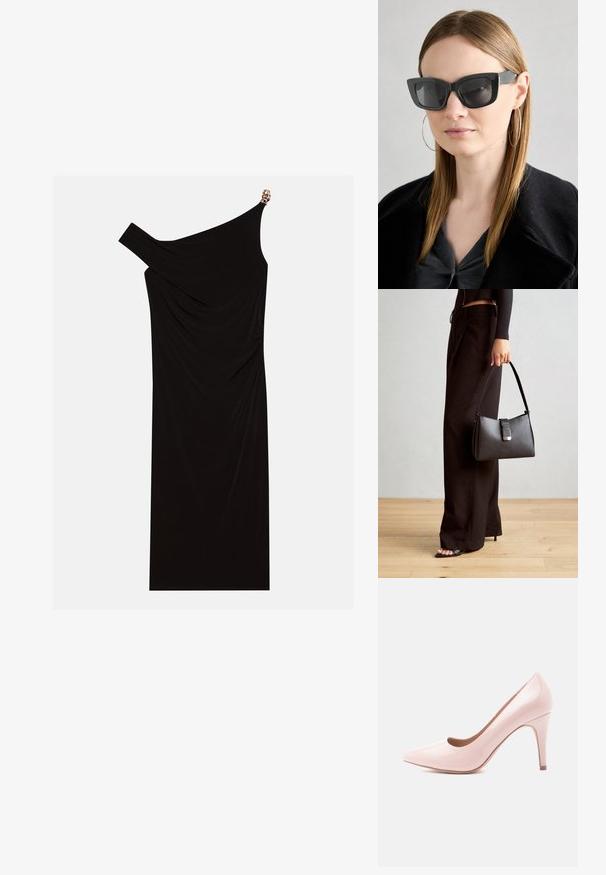 Vestido preto de um ombro, feito de tecido drapeado, com um detalhe dourado no ombro, textura suave e design até ao joelho.; Sapatilha de salto alto em verniz rosa, com bico fino e um silhueta elegante, apresentando um salto agulha de 10 cm e um acabamento suave.; Óculos de sol pretos em formato de gato com lentes escuras, armações grossas e acentos subtis. Usados com um casaco preto e uma blusa cinza, apresentando cabelo longo e liso.; Bolsa preta com forma estruturada, textura suave e um fecho metálico. Combinada com calças largas pretas e sandálias de salto aberto sobre um chão de madeira.