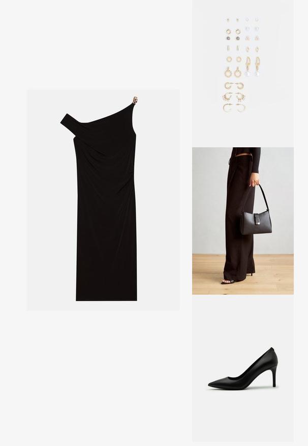 Sort en-skulder kjole lavet af draperet stof med en gylden detalje på skulderen, glat tekstur og knælangt design.; Sorte højhælede pumps lavet af glat læder, med en spids tå og en slank stilettohæl. Minimalistisk design uden synlige udsmykninger.; Sort håndtaske med struktureret form, glat overflade og metalspænde. Sammen med brede sorte bukser og sandaler med åben tå på trægulv.; Sæt af guldfarvede øreringe med forskellige designs, herunder studs, hoops og hængende modeller med perler og rhinsten.