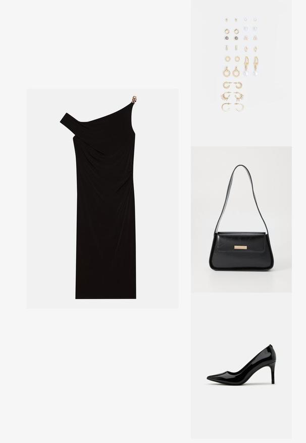 Rochie neagră cu un umăr, realizată dintr-un material drapat, cu un accent auriu pe umăr, textură netedă și design până la genunchi.; Pantofii cu toc înalt din piele ecologică neagră, cu vârful ascuțit și siluetă elegantă, având o textură netedă și un design minimalist.; Geantă de piele neagră cu o formă triangulară structurată, curea subțire și accesorii din metal de culoare aurie, având un plăcuță cu logo pe clapeta din față.; Set de cercei aurii, cu diverse designuri, inclusiv cercei tip stud, cercei hoop și cercei lungi cu perle și strassuri.